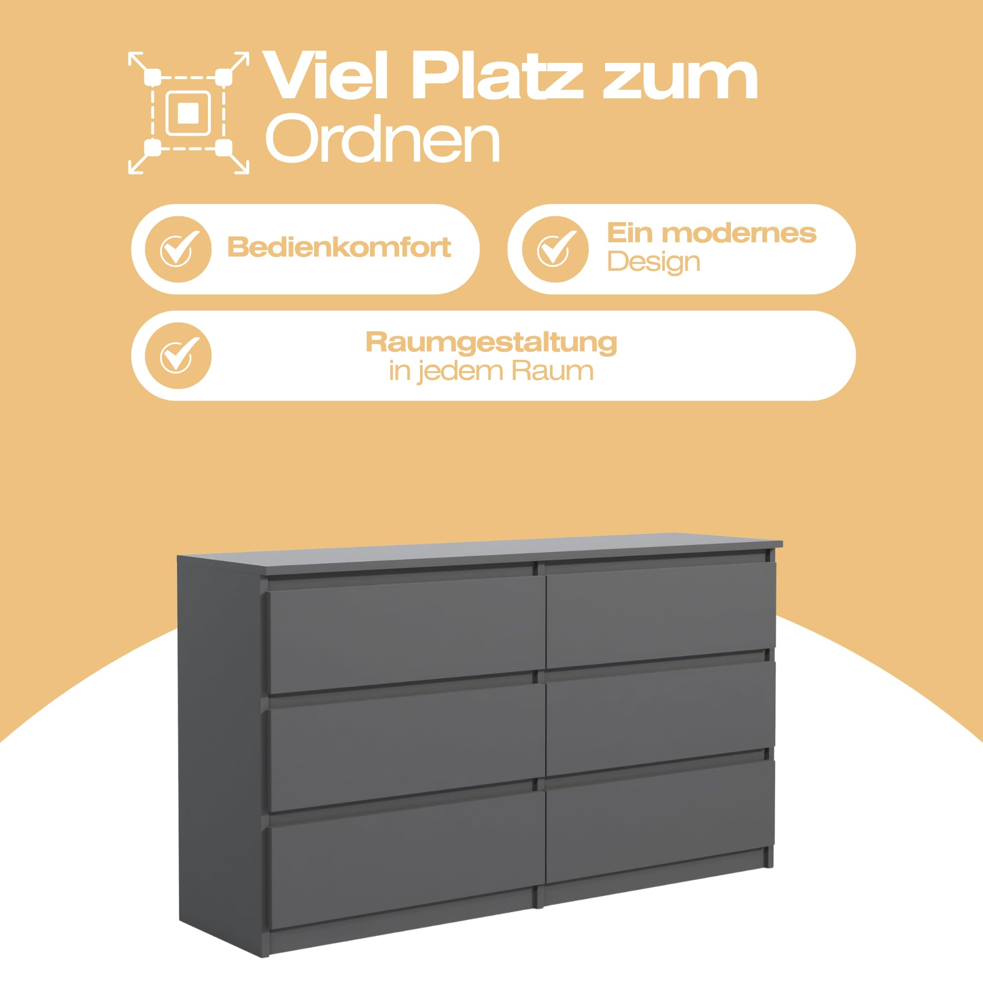 Kommode mit 6 Schubladen 120 cm Ideal für Wohnzimmer, Schlafzimmer, Kinderzimmer, Jugendzimmer und Büro Moderne Elegante Lösung für stilvolle Aufbewahrung (Anthrazit)