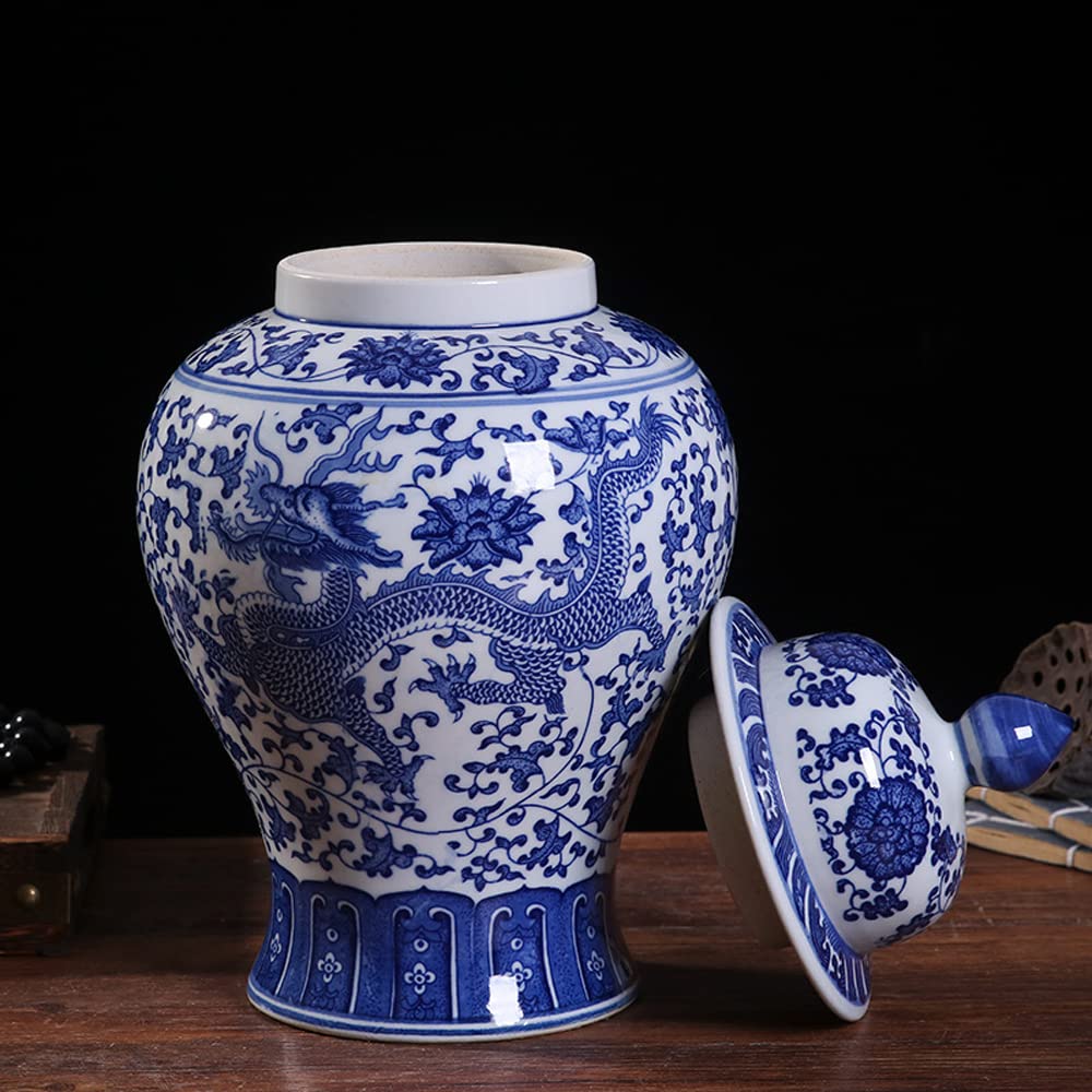 asdchZen Blue And White Ginger Jar, Ceramic Chinoiserie Dragon Pattern Decorative Jars For Home, Office, Flower Vase Pocelain, Glossy Vase For Table, Living Room, Bookshelf, Centerpiec