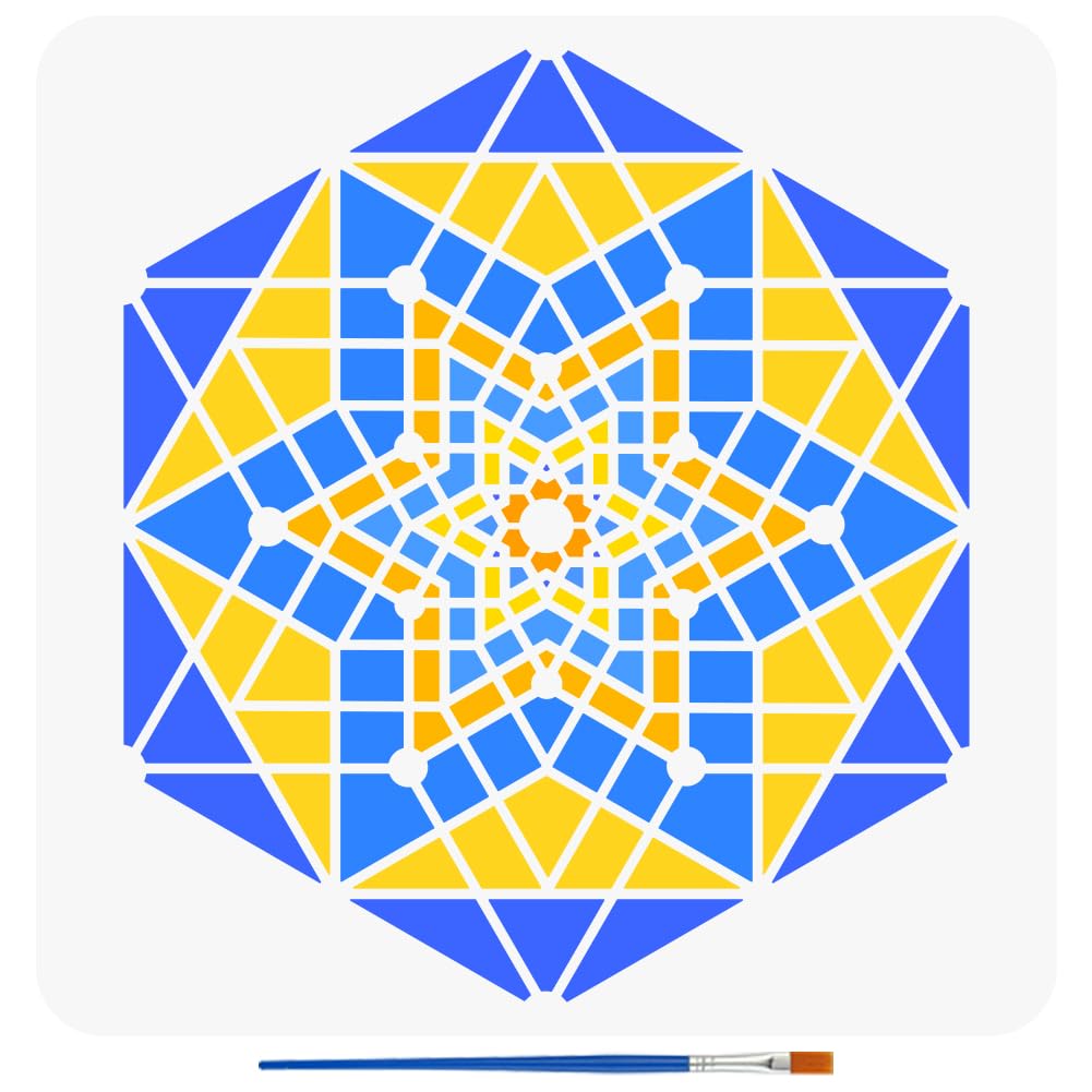 FINGERINSPIRE Geometry Stencils with a Paint Brush 30x30cm Hexagonal Mandala Painting Stencils Sacred Geometry Pattern Stencil Reusable Mandala Stencil Creative Hexagon Template for DIY Crafts