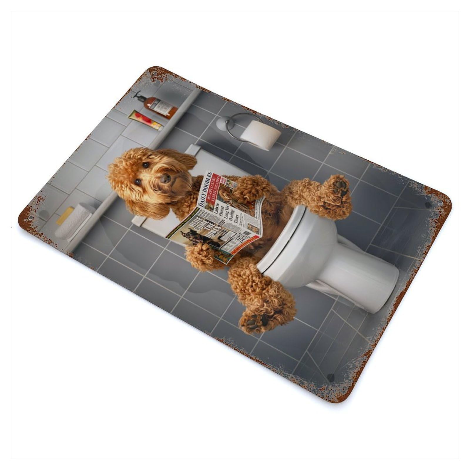 Vintage Rust Metal Sign with Goldendoodle on The Toilet Design 11.8"x7.9", for Garage, Bar And Workshop Decor, Retro Wall Decor