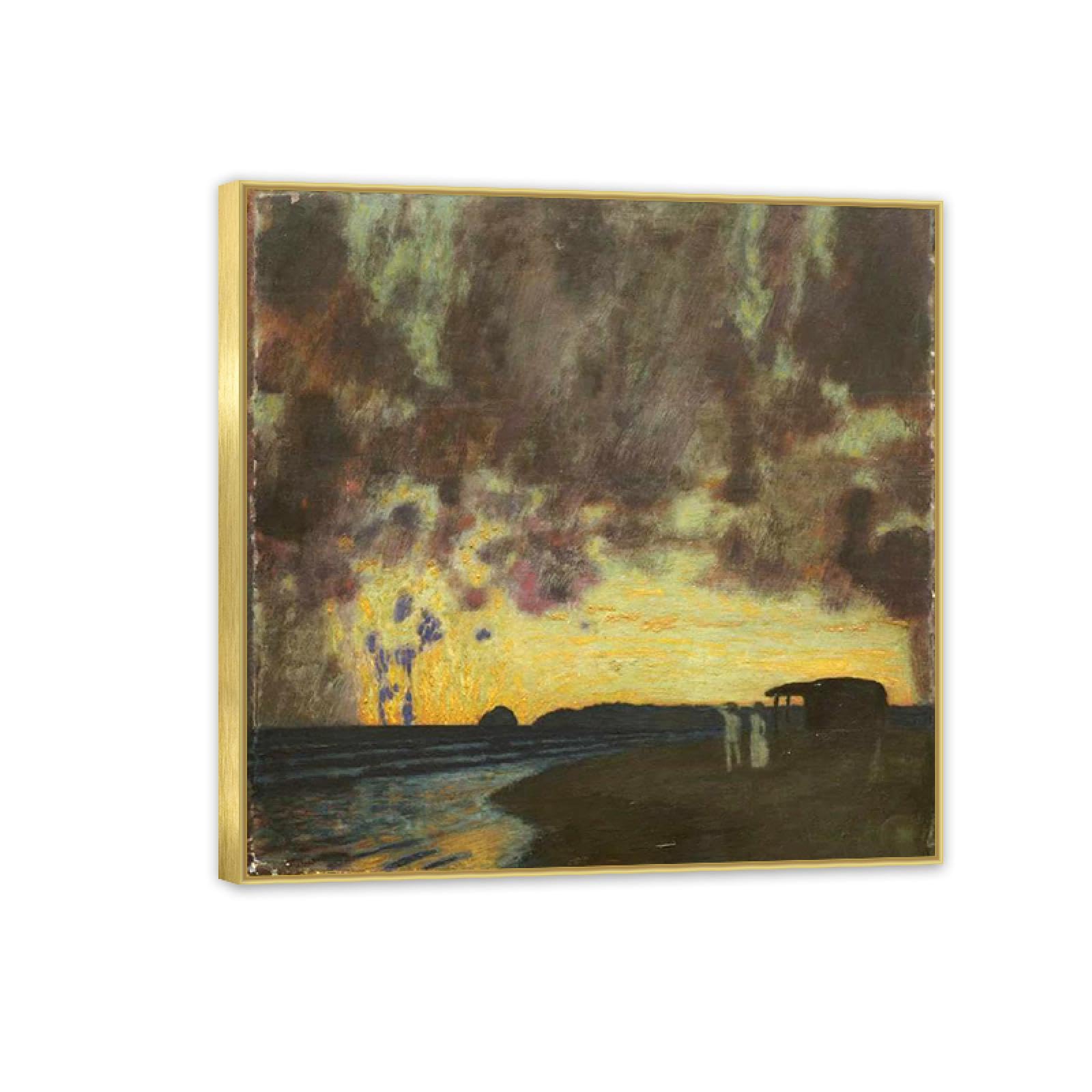 Hau3sh3a Franz von Stuck Wall Art Print Sunset at Sea Famous Giclees Franz Stuck Picture Artwork Wall Decor for Living Room Bathroom Office 60x60cm(24x24in) Gold frame