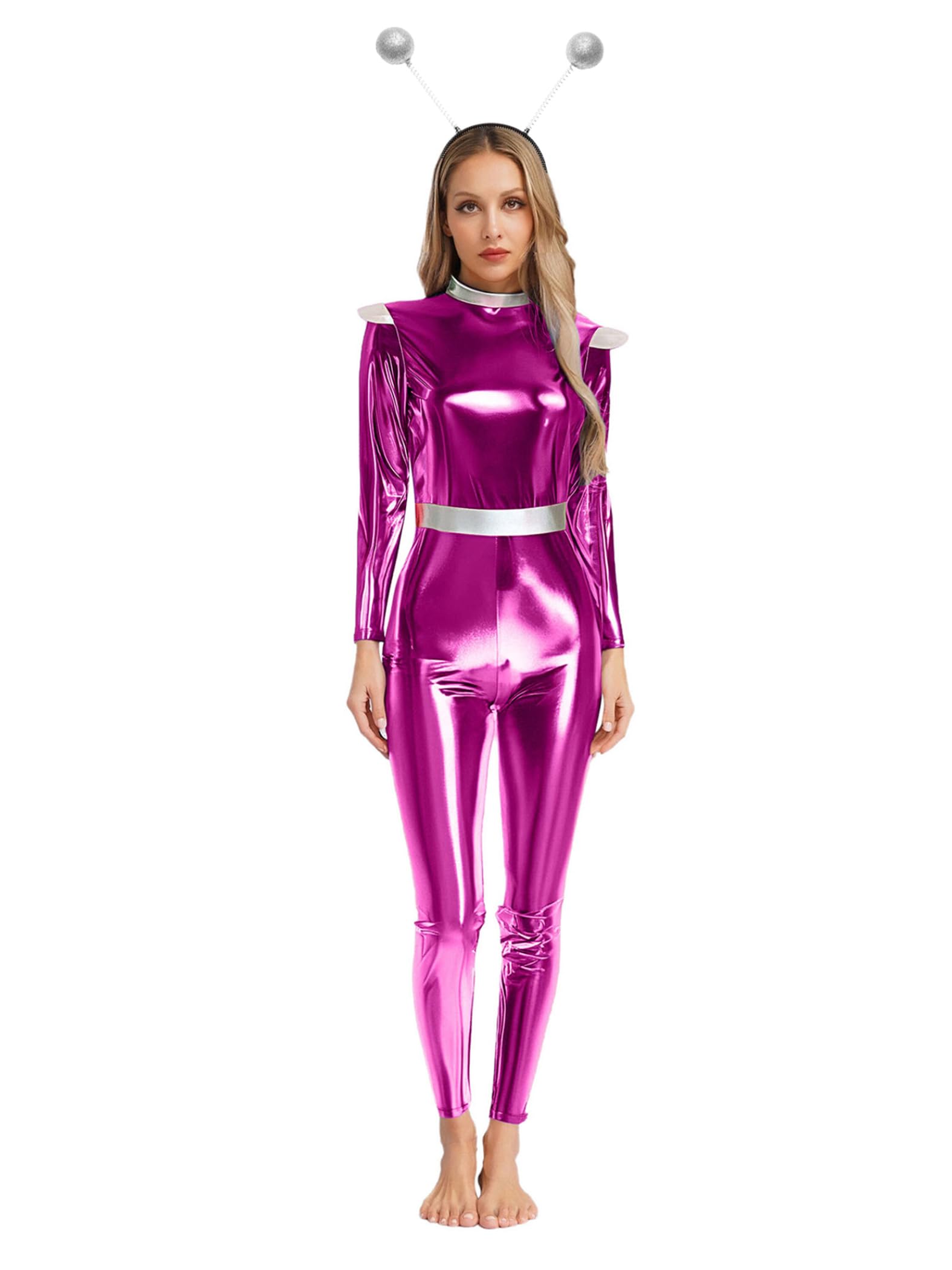 Yiesvsov Halloween Costumes for Women Alien Metallic Jumpsuit Long Sleeve Catsuit Funny Bodysuit 2 Pcs Set Hot Pink XL