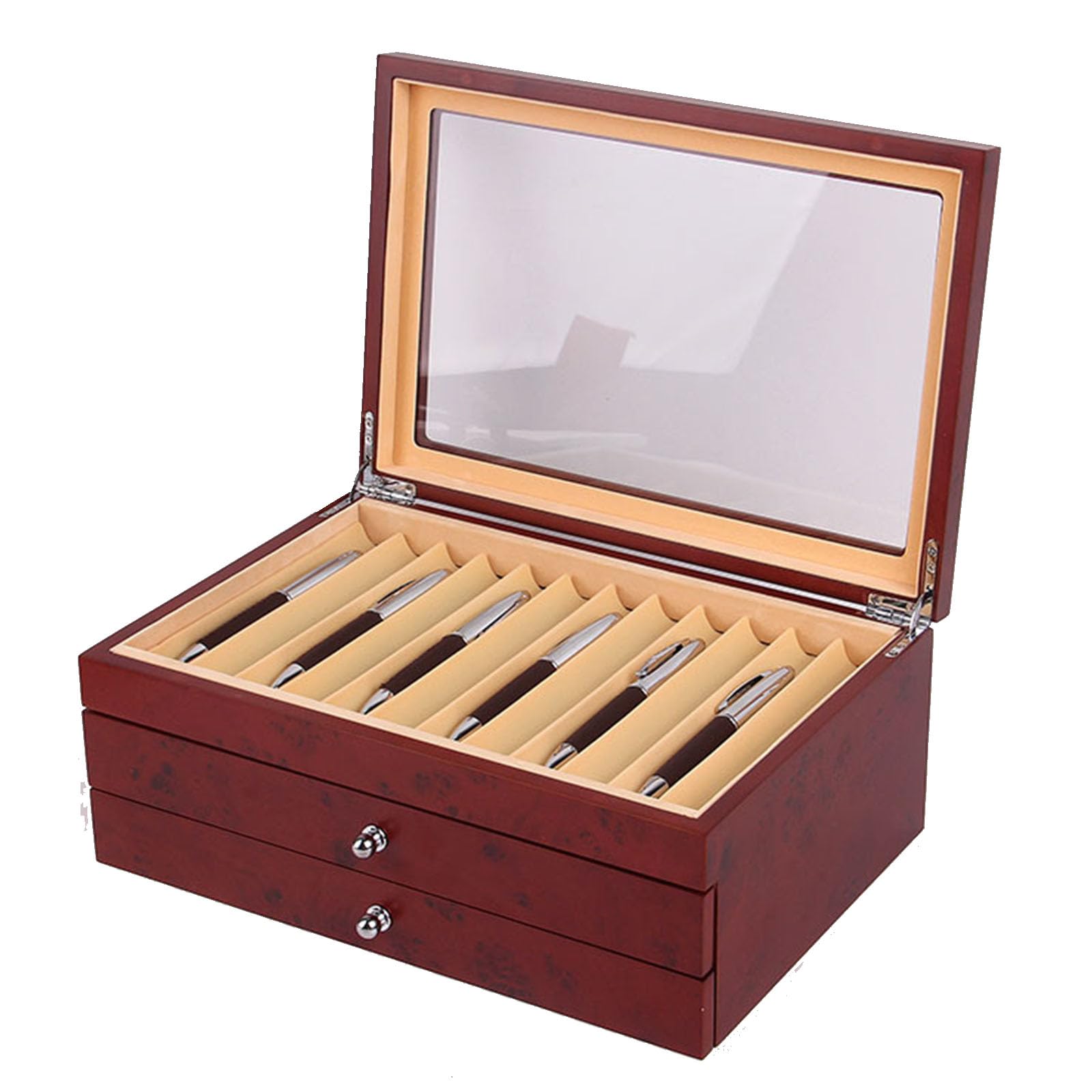 Scatola porta penne in legno con cassetto e finestra in vetro, grande organizer per collezione di penne, ottimo regalo per uomini, padri, fidanzati e mariti