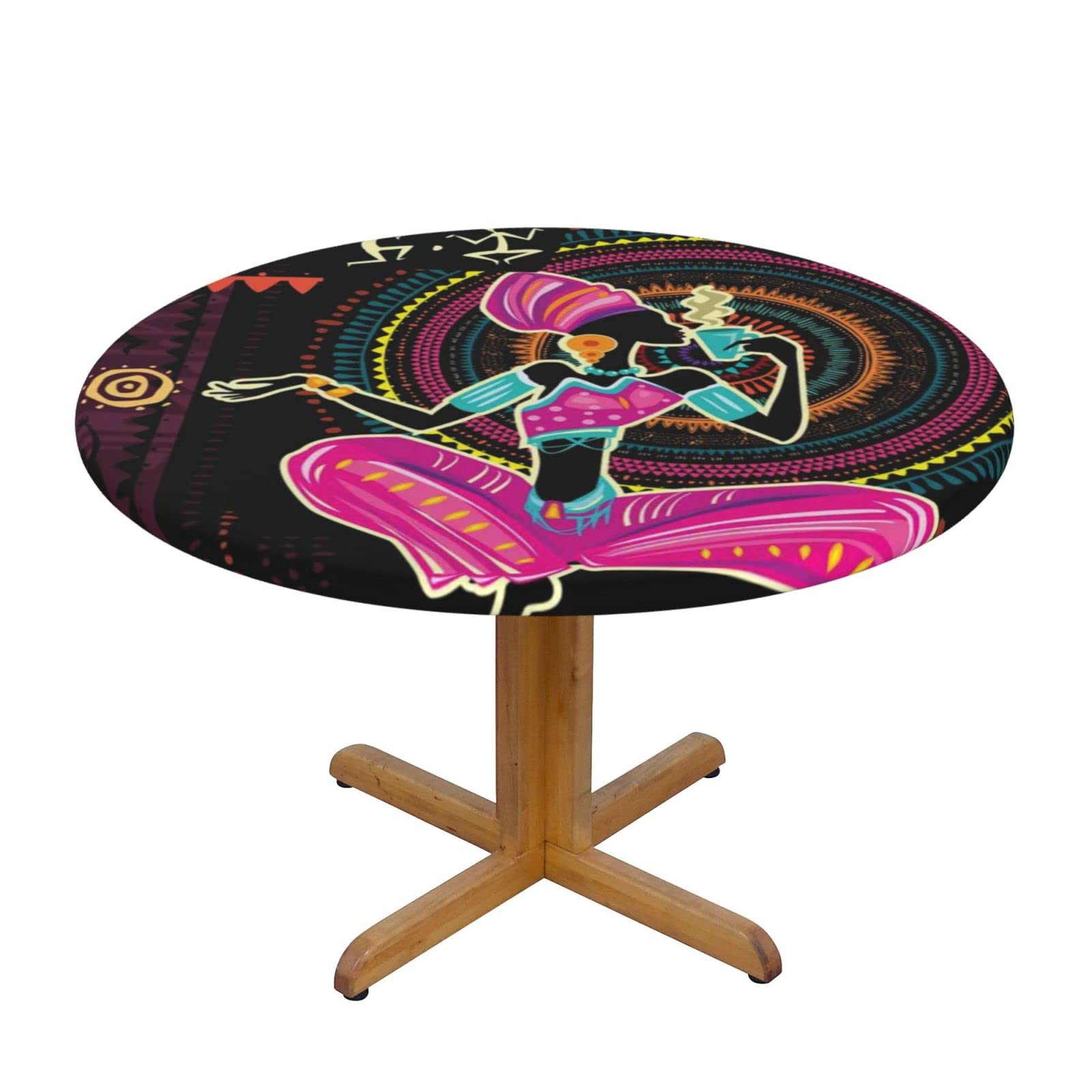 Lsjuee Round Fitted Tablecloth 40-44in Elastic Edged Table Cloth for Kitchen Dining Party Home Decor - Tribal Women Kokopelli Native Color