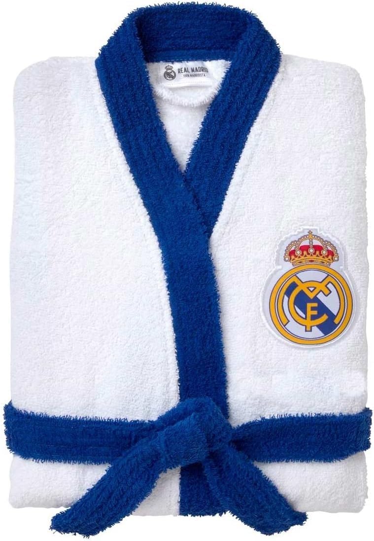 Real Madrid Albornoz Escudo Bordado. 100% algodón con Acabado de Rizo. Producto Oficial