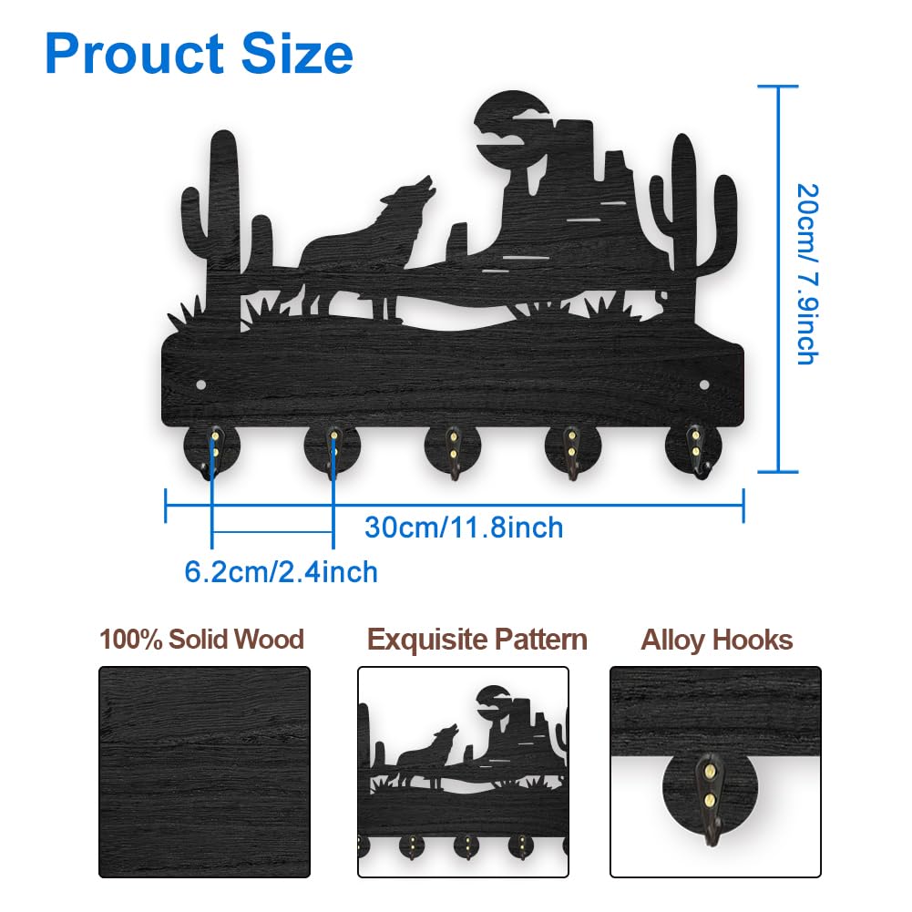 CREATCABIN Cactus Shaped Metal Key Holder - Wall Mounted With 6 Hooks, Black, Includes Screws & Anchors