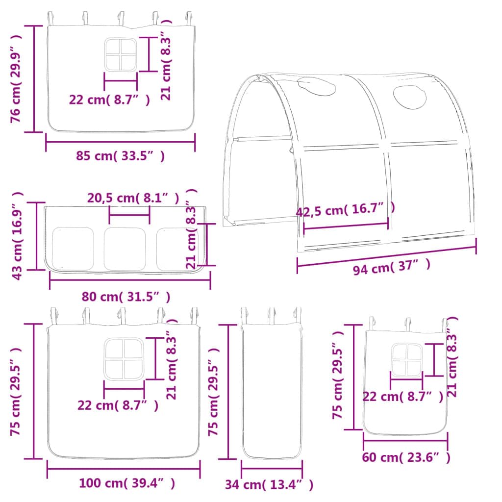 Vorhänge für Hochbett mit Tunnel in Weiß und Schwarz aus Polyester für Kinderzimmer, inklusive Aufbewahrungstaschen, Befestigungshilfen und langlebiges Material