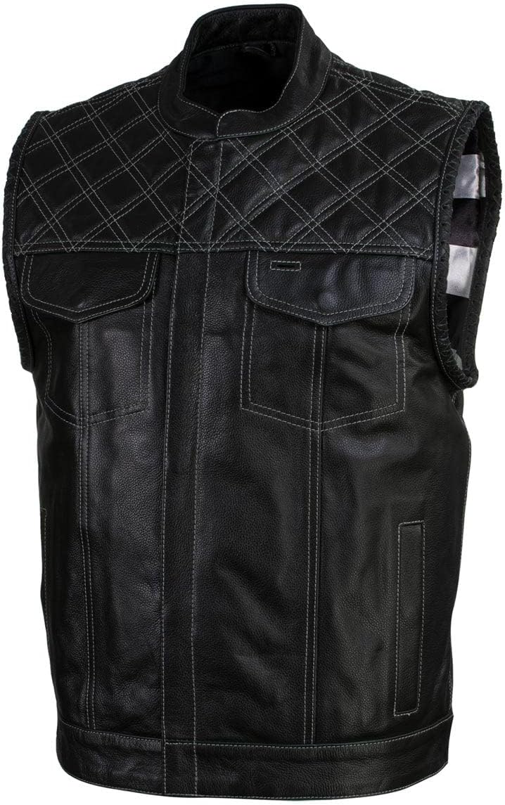 Xelement Men’s Black Leather Motorcycle Vest Stars and Stripes Design with USA Flag Liner XS13003-2X-Large Xelement Men’s Black Leather Motorcycle Vest Stars and Stripes Design with USA Flag Liner XS13003-2X-Large