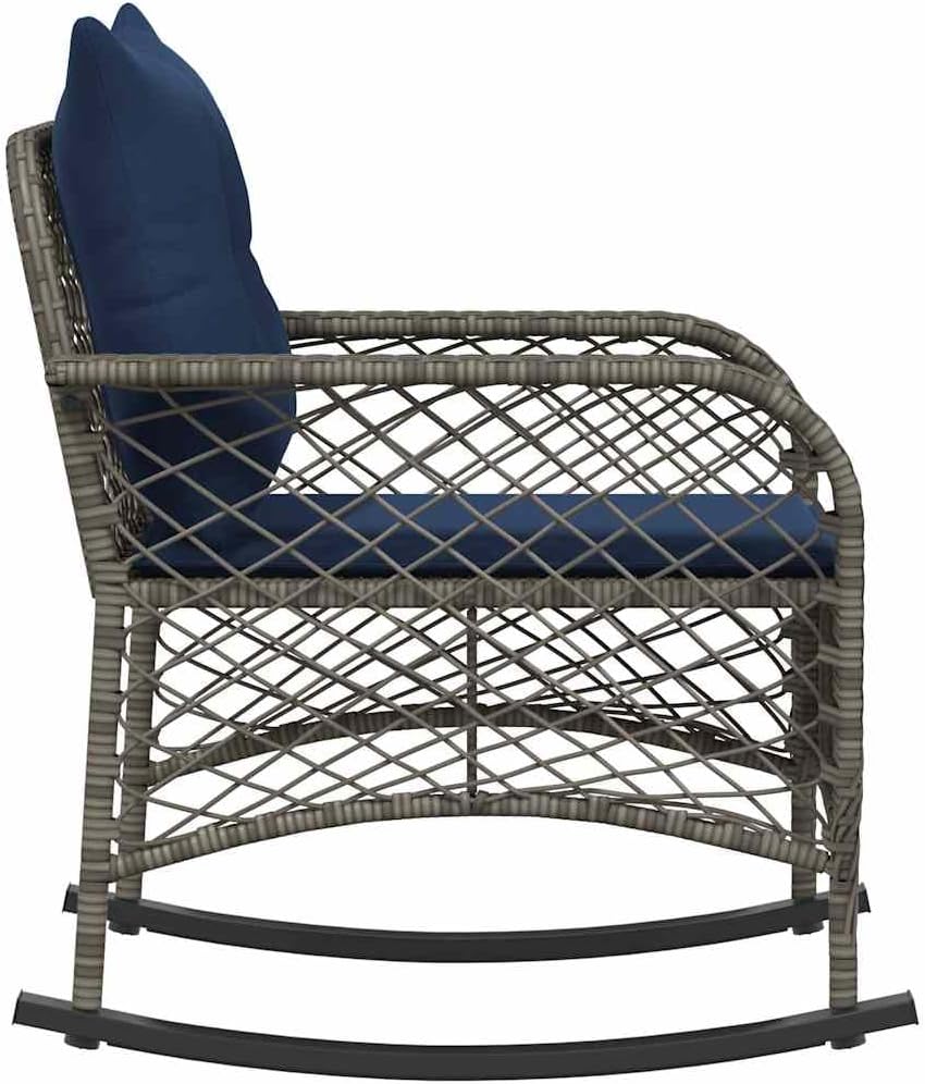 vidaXL Outdoor Rocking Chair - Gray Poly Rattan Garden Patio Seat with Cushions - Weather Lounger for Porch/Deck