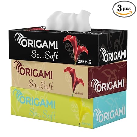 Origami 2 Ply Facial Tissue Box | Car Tissue - Pack of 3 (200 Pulls Per Box, 600 Sheets)