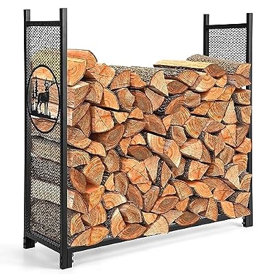 Goplus Firewood Rack, Outdoor 4 FT Metal Log Storage Rack with Mesh Sides & Base, Deer Patterns, Heavy Duty Wood Rack, Firewood Holder for Fire Pit Fireplace Patio Yard Indoor (48" x 15" x 46")