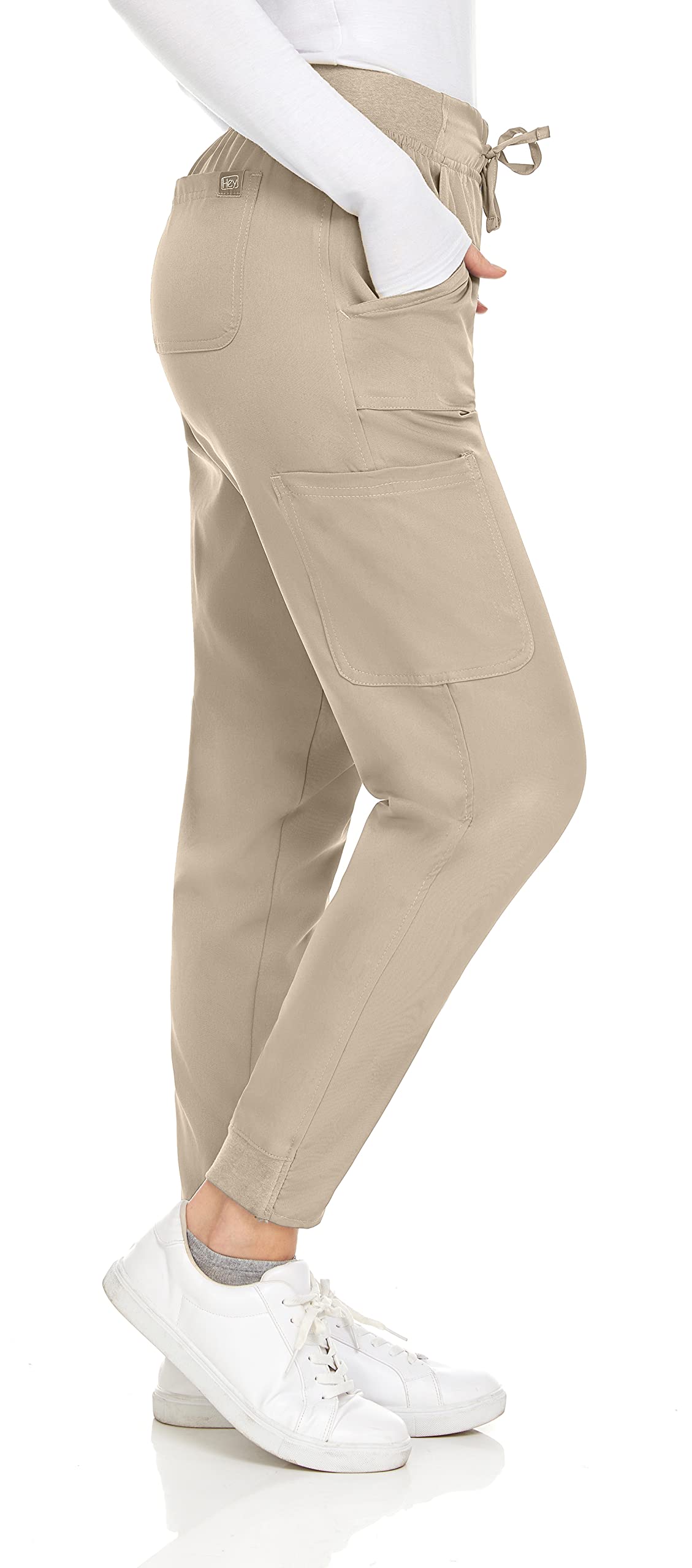 Hey Collection Womens Knitwaist Scrubs Joggers Stretch Nursing Scrub Pants, Khaki, Small