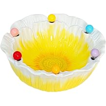 Floral Ceramic Fruit Bowl with 6 Colorful Fruit Forks, Decorative Flower-Shaped Salad Bowl, Food-Safe Serving Bowl for Kitchen Counter, Party, Snack, Dessert,Yellowish white