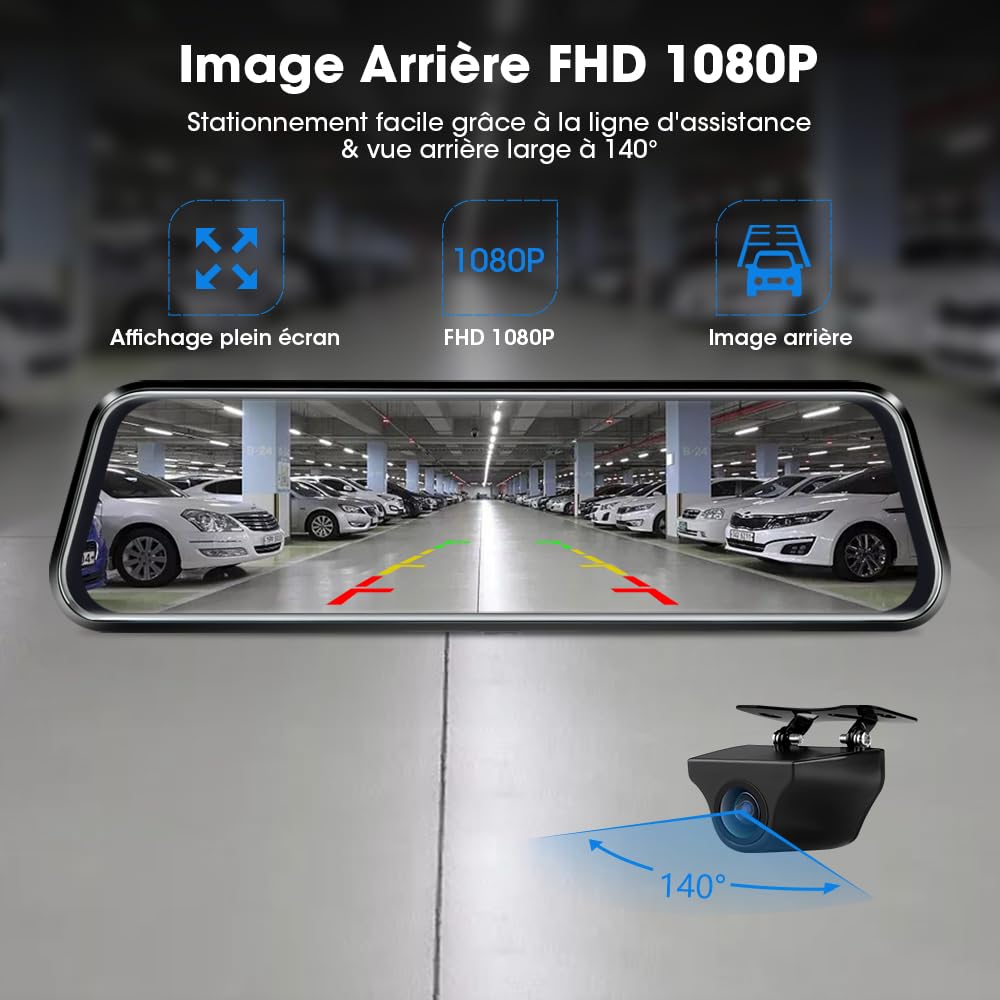 Jansite 10" Dashcam Voiture Rétroviseur Écran Tactile, Arrière et Avant Full HD 1080P Streaming Media DVR 170 ° Grand Angle de Vision Nocturne avec 10 Mètres de Câble