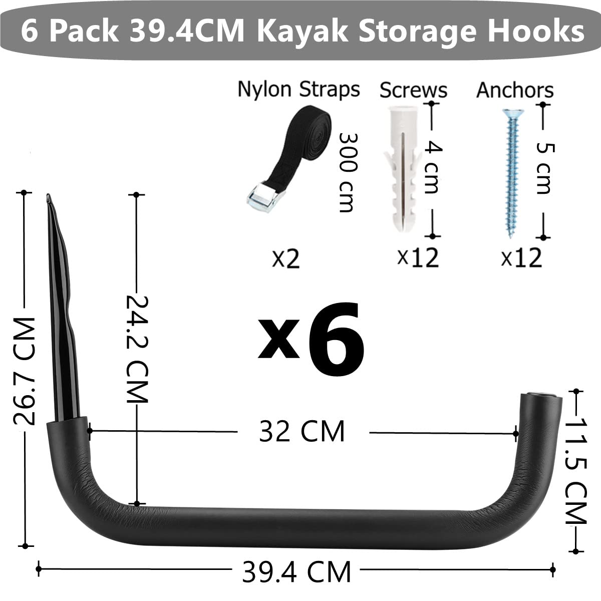 Lot de 6 supports de rangement pour kayak, 39,4 cm, crochets de rangement robustes pour garage, SUP, support mural pour planches de surf