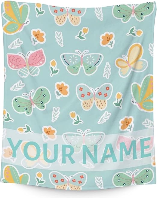 Personalized Butterfly Blanket Gifts with Name - 50"x60" Cute Throw for Women, Girls - Green Soft Fuzzy Blankets for Bed, Couch & Living Room