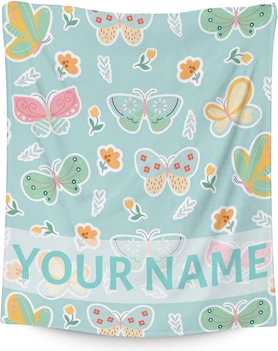 Personalized Butterfly Blanket Gifts with Name - 50"x60" Cute Throw for Women, Girls - Green Soft Fuzzy Blankets for Bed, Couch & Living Room