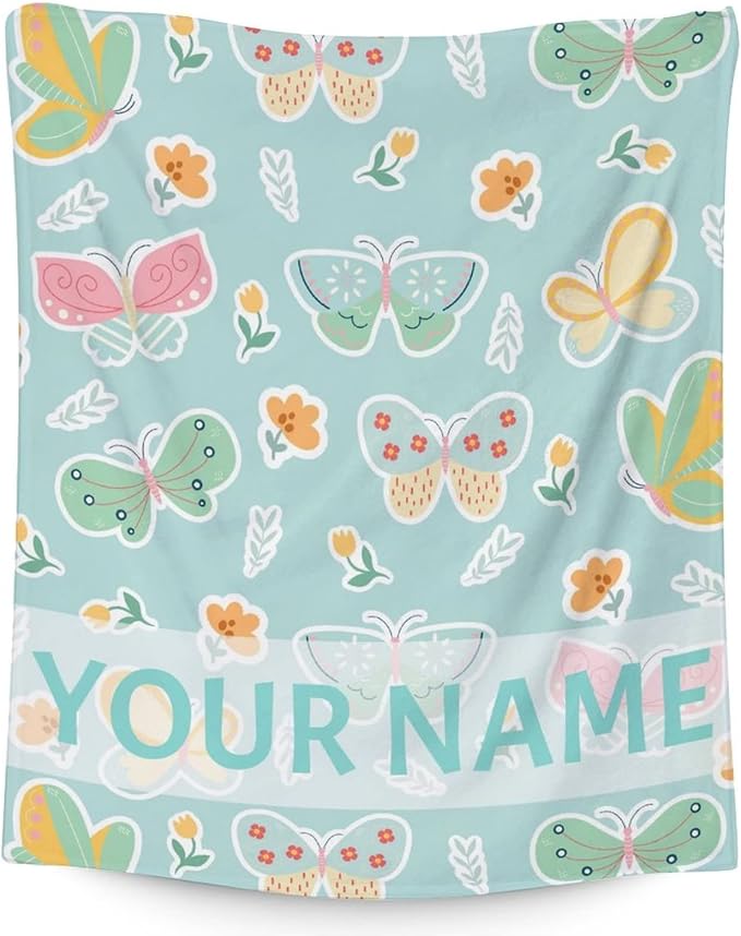 Personalized Butterfly Blanket Gifts with Name - 50"x60" Cute Throw for Women, Girls - Green Soft Fuzzy Blankets for Bed, Couch & Living Room