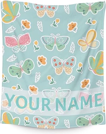 Personalized Butterfly Blanket Gifts with Name - 50"x60" Cute Throw for Women, Girls - Green Soft Fuzzy Blankets for Bed, Couch & Living Room