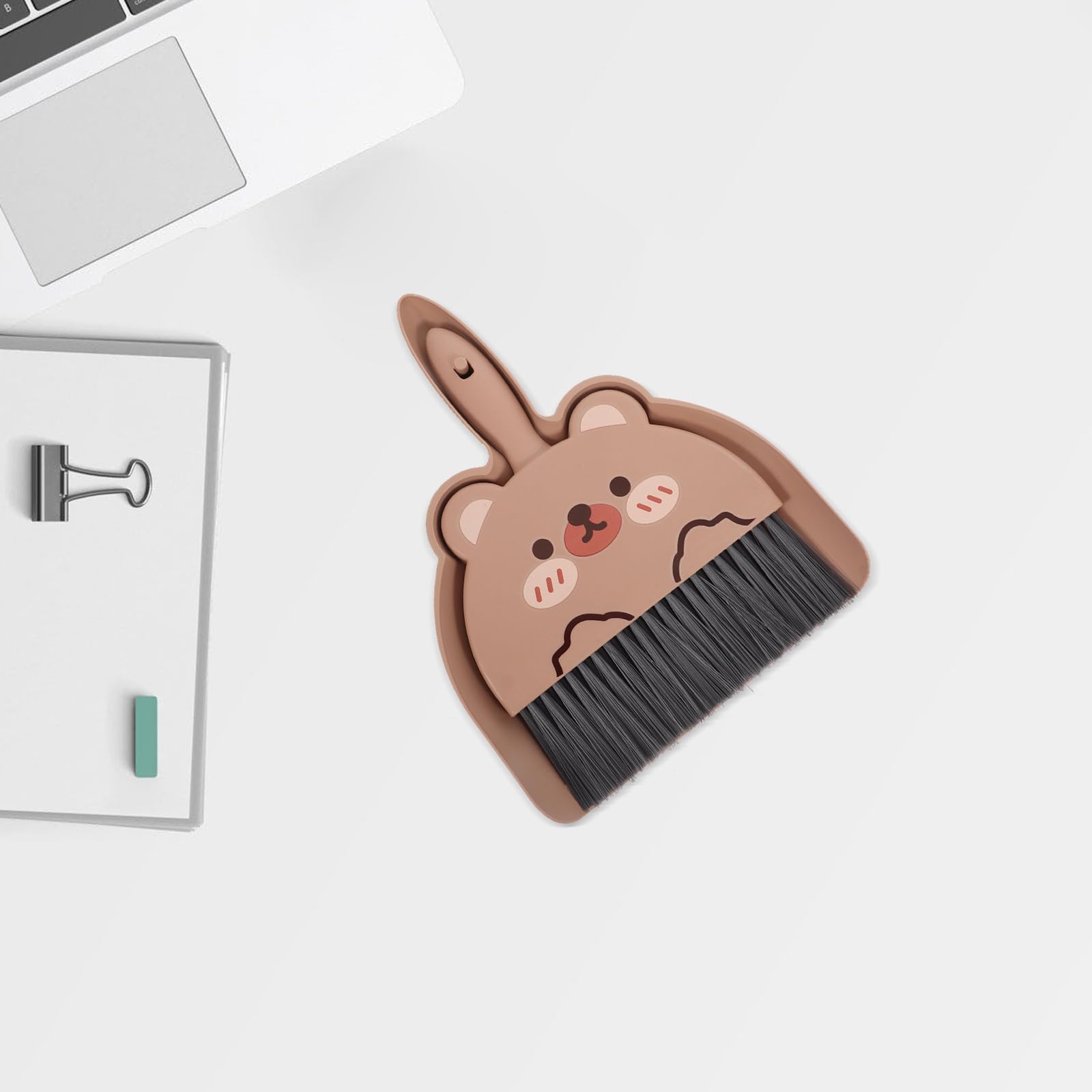 LUOZZY Mini Dustpan and Brush Set Cartoon Bear Pattern Small Broom and Dustpan Cleaning Tool for Home Office Desktop Supplies - Brown