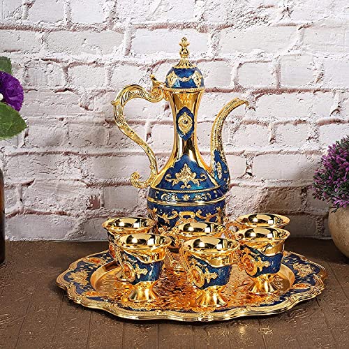 Thyggzjbs Vintage Turkish Coffee Pot Set for 6 including Tray & Teapot Silver Inset with Crystal Stones(Blue)