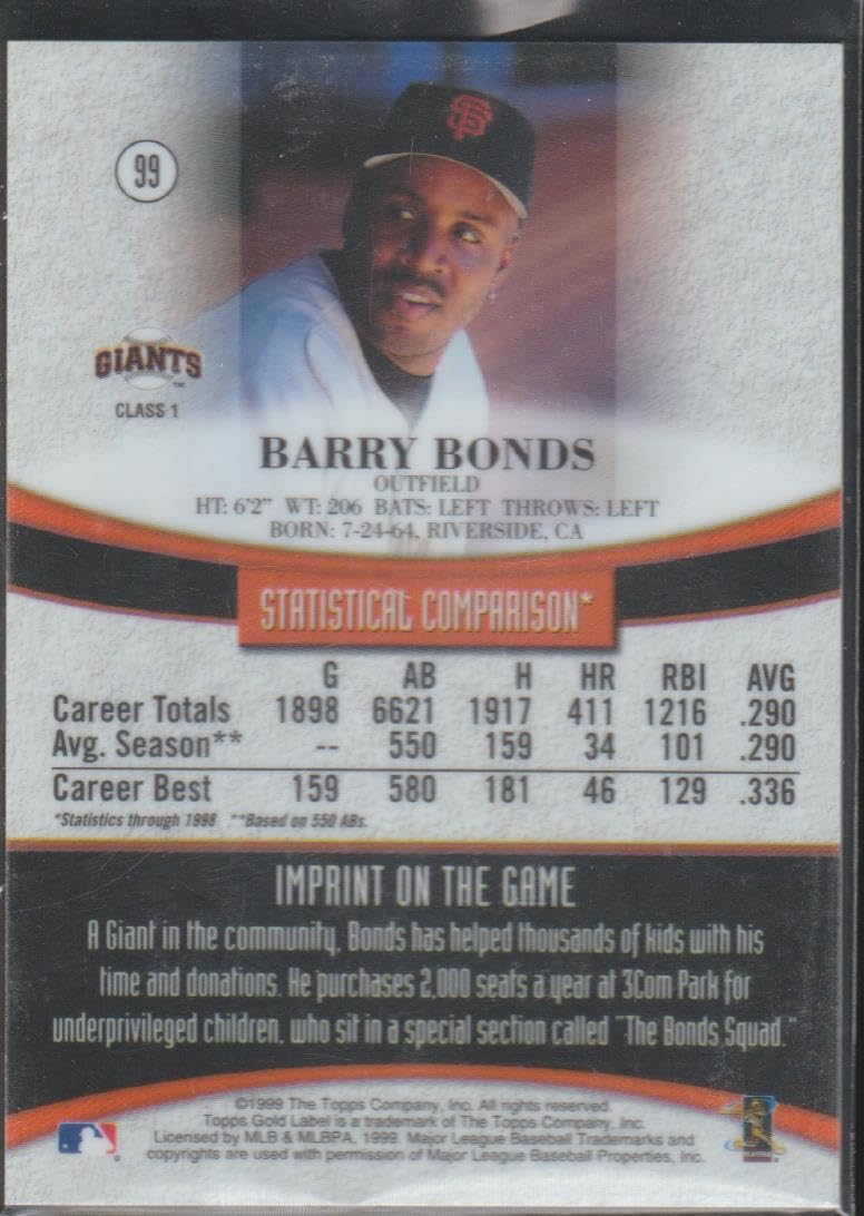 Amazon.com: 1999 Topps Gold Label Barry Bonds Giants Baseball Card