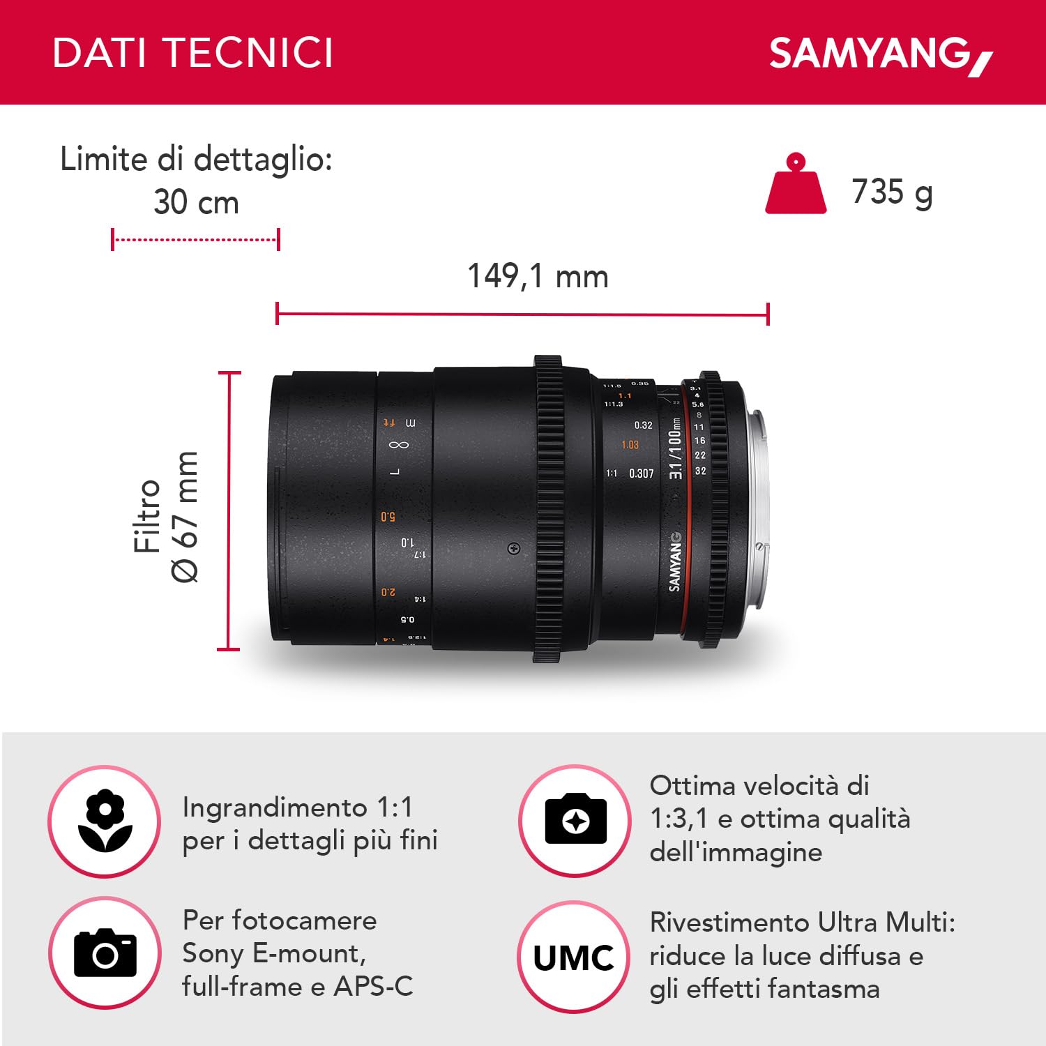 Obiettivo Samyang per Sony E 100mm Macro T3.1 VDSLR nero