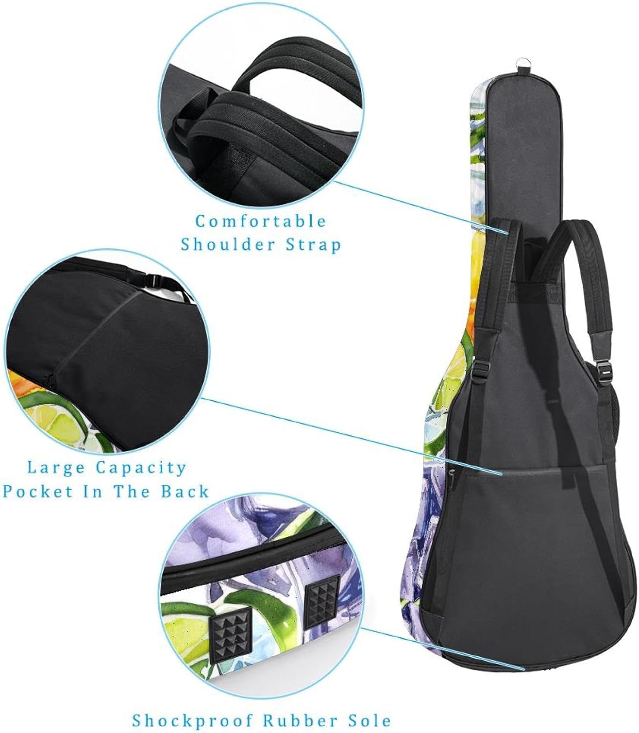 40 41 42 Inch Acoustic Guitar Bag, 0.4 In Thick Sponge Padded Guitar Case Gig Bag with Back Hanger Loop and 2 Pockets, Seamless Watercolor Fruits Pattern