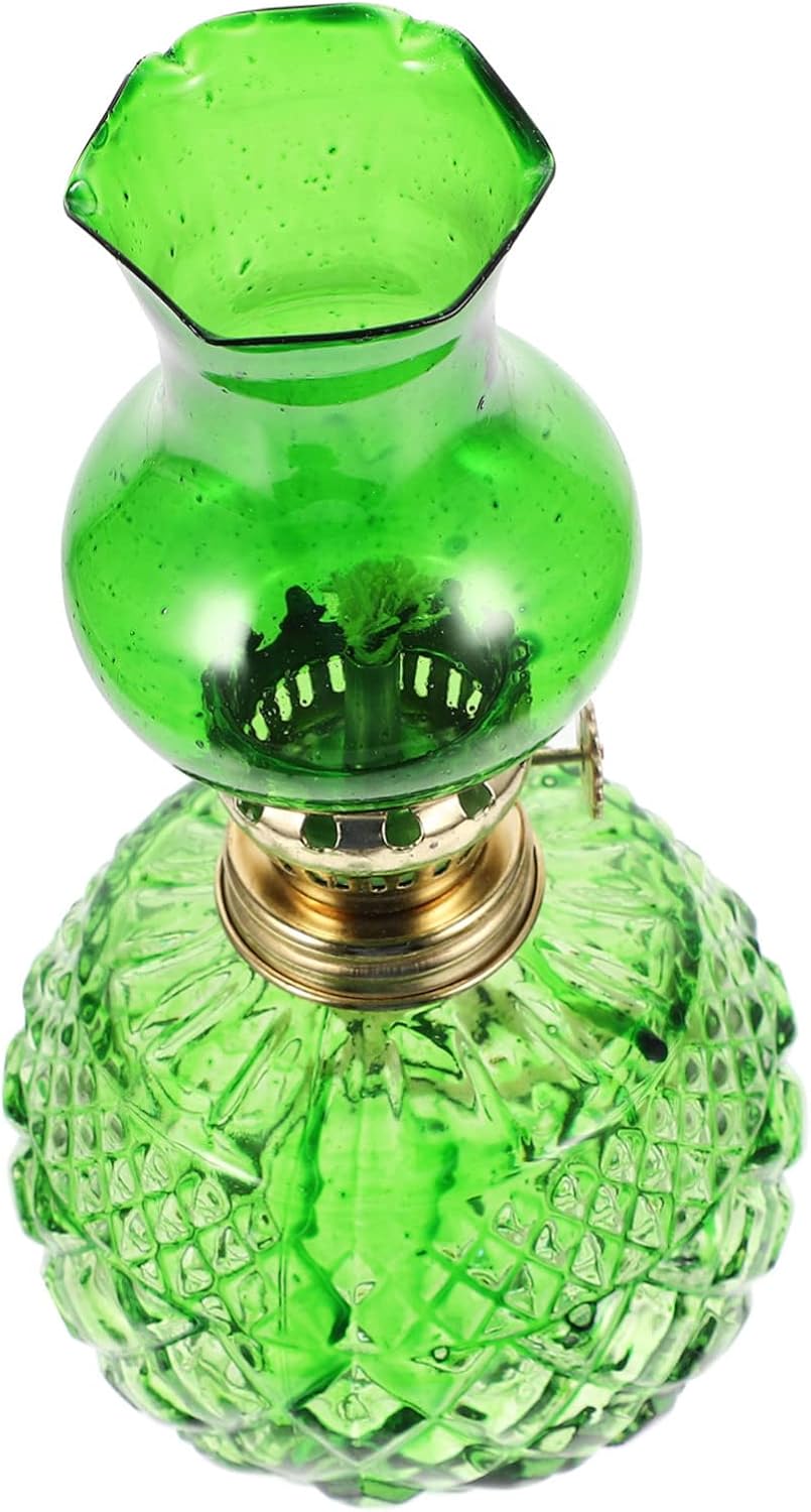 Cabilock Vintage Green Glass Kerosene Lamp with Windproof Shade Portable Decorative Oil Burner for Outdoor and Indoor Use Lightweight Tabletop Lantern for Home and Camping