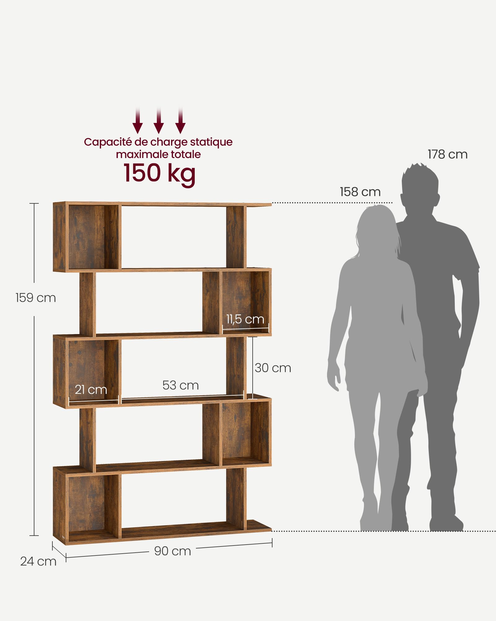 VASAGLE Custos Collection - Bibliothèque, Étagère sur 5 Niveaux, 24 x 90 x 159 cm, Meuble de Rangement, avec Compartiments Ouverts, pour Salon, Chambre, Bureau, Marron Rustique LBC416K01
