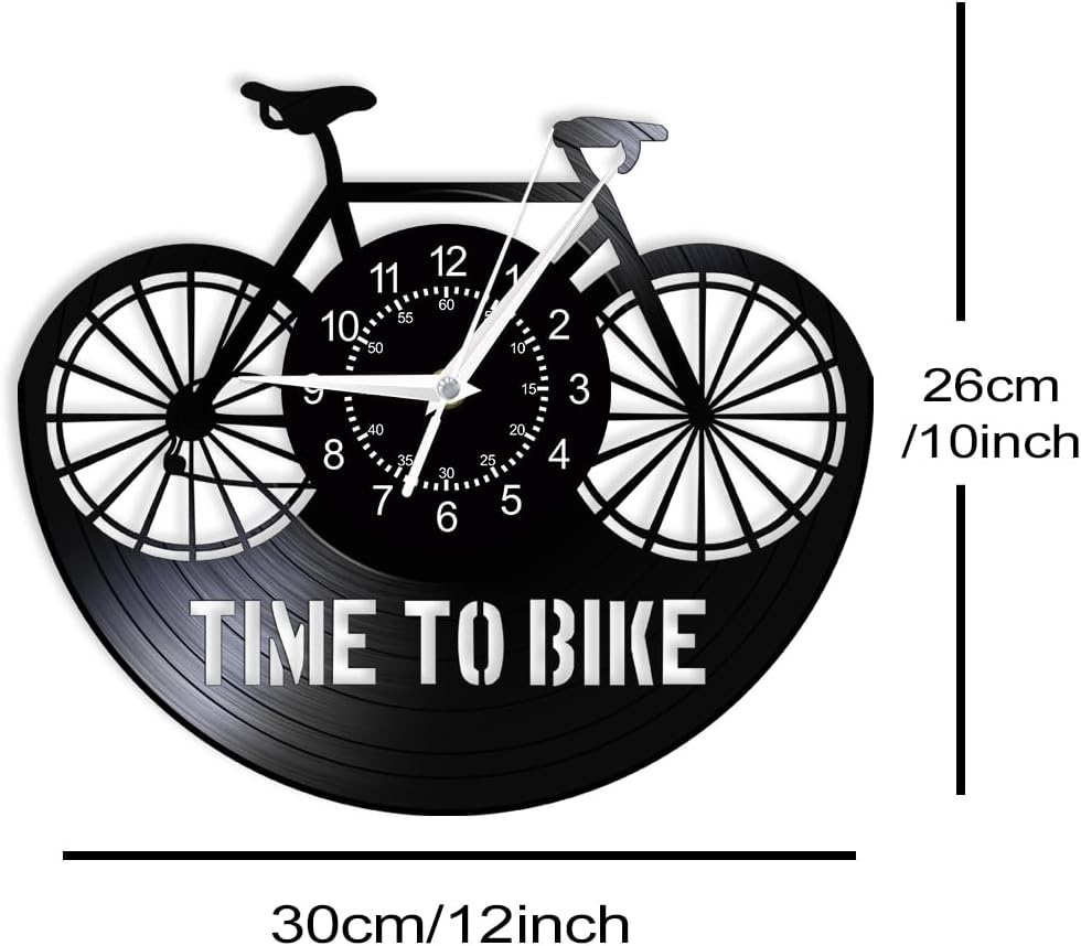 Time to Bike Wall Clock, 12 Inch Bicycle Clock Battery Operated, Silent Quartz Non Ticking Modern Decorative Analog Black Vinyl Record Wall Clock for Man Cave Cyclist Bicyclist Gifts