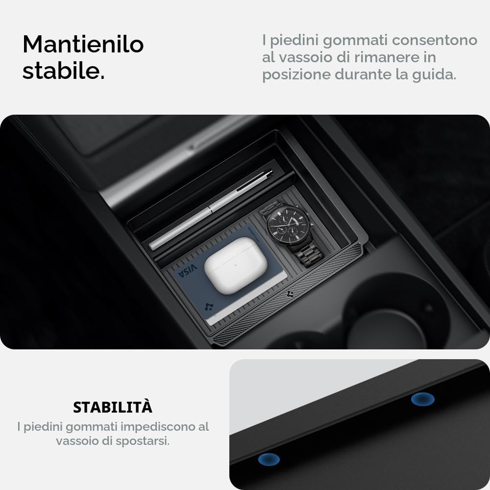 Spigen Tesla Model 3 Highland 2024-26 Model Y Juniper 2025 2026 (Solo Premium & Performance) Vano Portaoggetti per Console Centrale [Tecnologia Smooth Slide] Organizer Braccioli, Accessori per Tesla