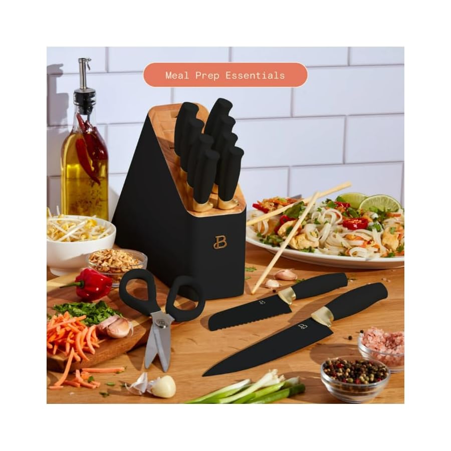 12-Piece Stainless Steel Knife Set with Block and Soft Grip Handles – Black Sesame by Drew Barrymore