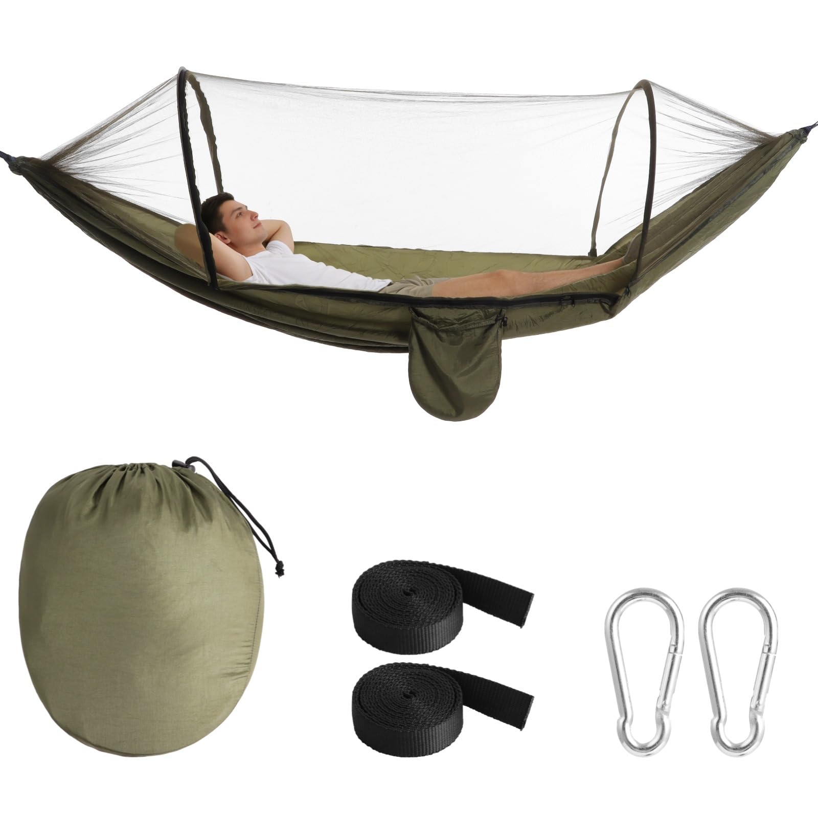 Amaca da campeggio con zanzariera, portatile, installazione rapida, 2,6 x 1,4 m, amaca altalena per campeggio all'aperto, escursionismo, viaggi, include moschettoni e cinghie per alberi