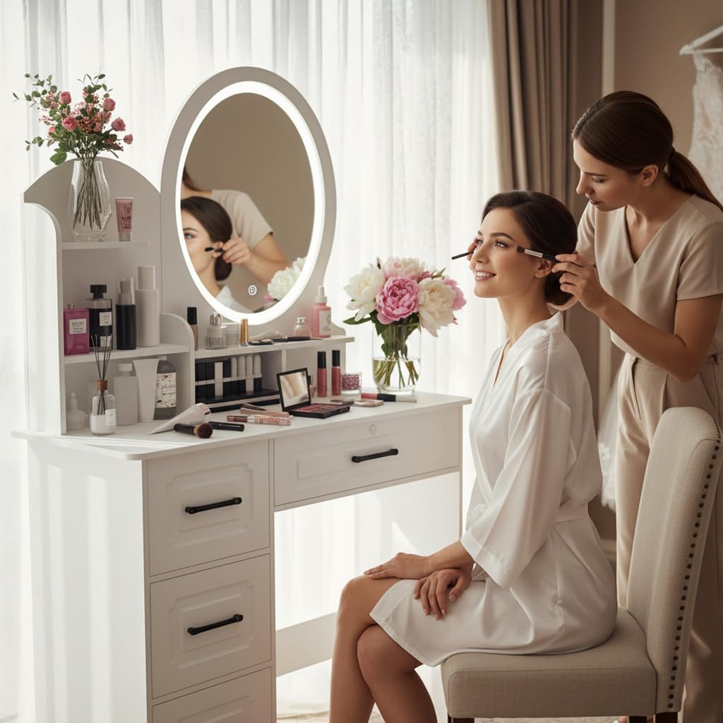 Coiffeuse avec miroir, table de maquillage avec éclairage LED, 4 tiroirs et étagères de rangement, table de maquillage blanche moderne pour la chambre, coiffeuse avec tabouret blanc