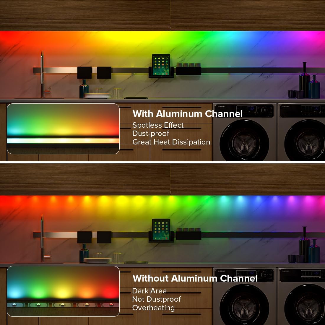 Comparison of LED strip lighting with and without aluminum channel, showing spotless effect and heat dissipation