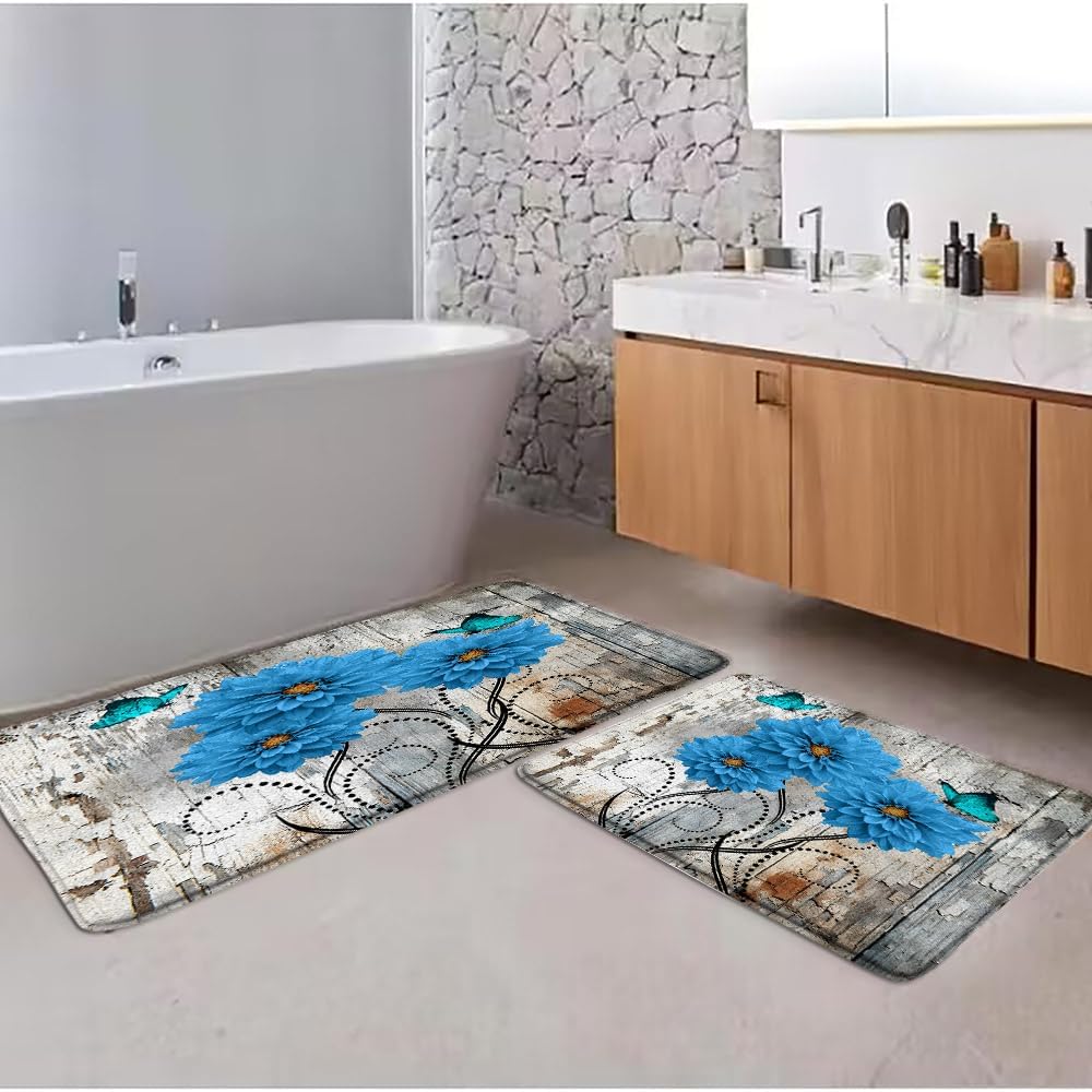 Rustic Floral Bath Rug Blue Dahlia Flower Abstract Leaves Vintage Wooden Board Butterfly Shabby Farmhouse Bran 16x24 and 16x48 Inch Bath Mat Sets for Bathroom Kitchen