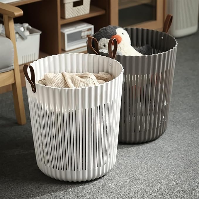 Image of Round Laundry Basket with Handle - Wall Hanging Collapsible Plastic Hamper for Clothes, Toys & Bathroom Storage & Laundry Organization, Freestanding Round Bin