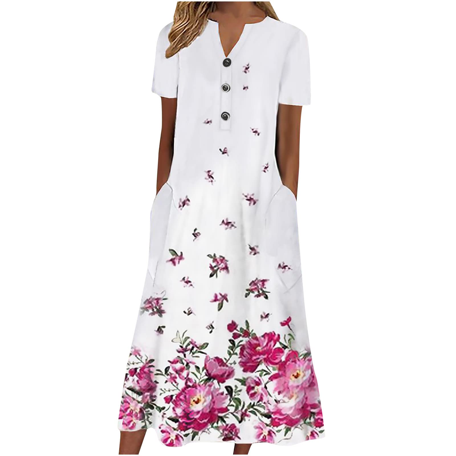 AMhomelySummer Dress for Women 2023 Clearance Causal V-Neck Button Short Sleeve Vacation with Pockets Dress UK Ladies Printing Dress Party Elegant Beach Dress Club Cocktail Work Dresses