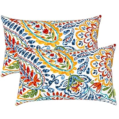 LVTXIII Set of 2 Patio Lumbar Pillows, 12”x20” Fade Resistant Outdoor Lumbar Pillow with Inners, Fluffy Decorative Garden Lumbar Cushions for Home Patio Coach Sofa Use, Paisley Multi