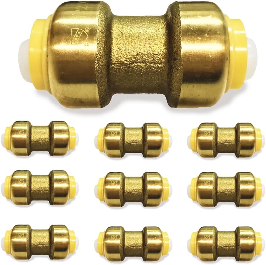 Fittings 1/2 Inch Pushfit Straight Coupling - 1/2" x 1/2" PEX Brass Push-fit Coupling - Push-to-Connect Plumbing Fittings for PEX Copper CPVC (Pack of 10)
