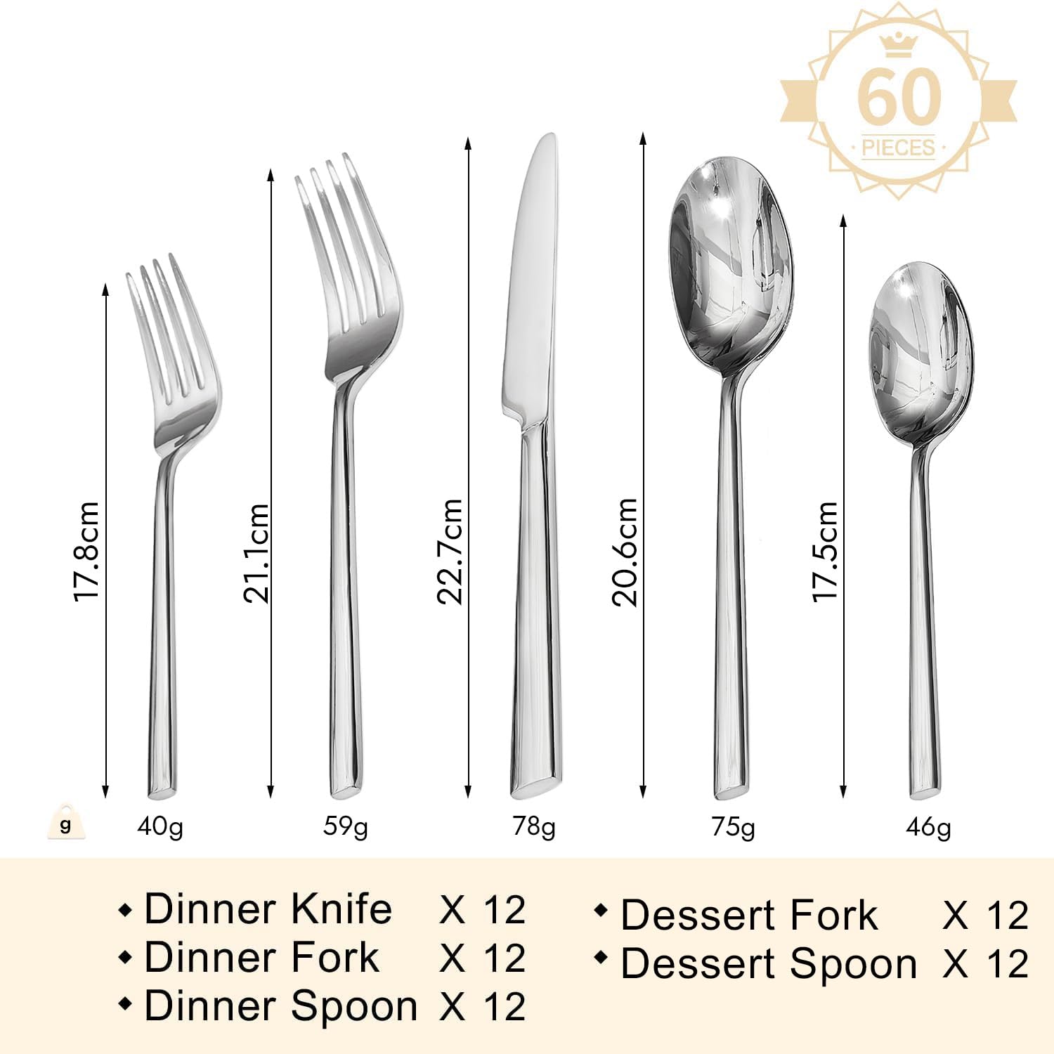 HIKAA Edelstahl Besteck Set 12 Personen, 60-Teilig Geschmiedetes Essbesteck | Premium-Edelstahl 18/10 Besteck für Haushalt, Hochzeit, Party, Cutlery Set Hochglanzpoliert und Spülmaschinenfest(Silber)