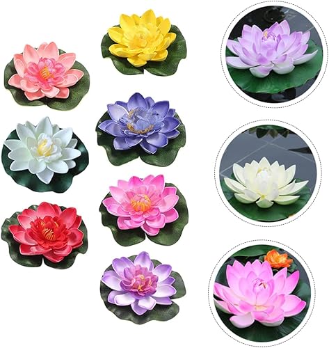 Miniatura 8 de 7 piezas de flores de loto flotantes artificiales para decoración de piscina, decoración de loto de agua, adornos falsos de lirio de agua