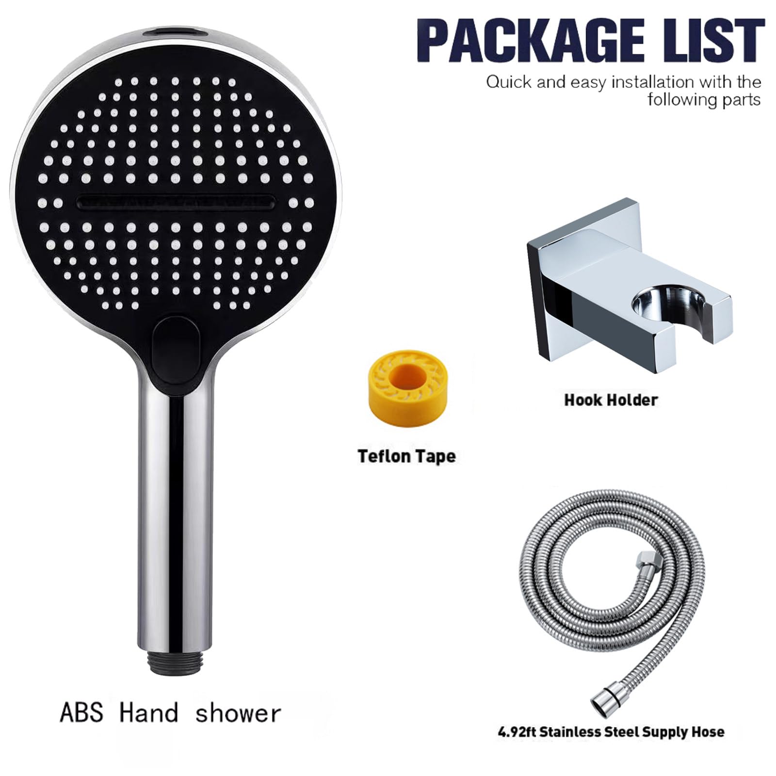Alcachofa de Ducha de Mano 5 Modos, Cabezal de Ducha ABS Alta Presión con Soporte de Cobre y Flexo de Acero INOX 1,5 m – Ahorro de Agua, Antical, para Baño, Ducha y Bañera