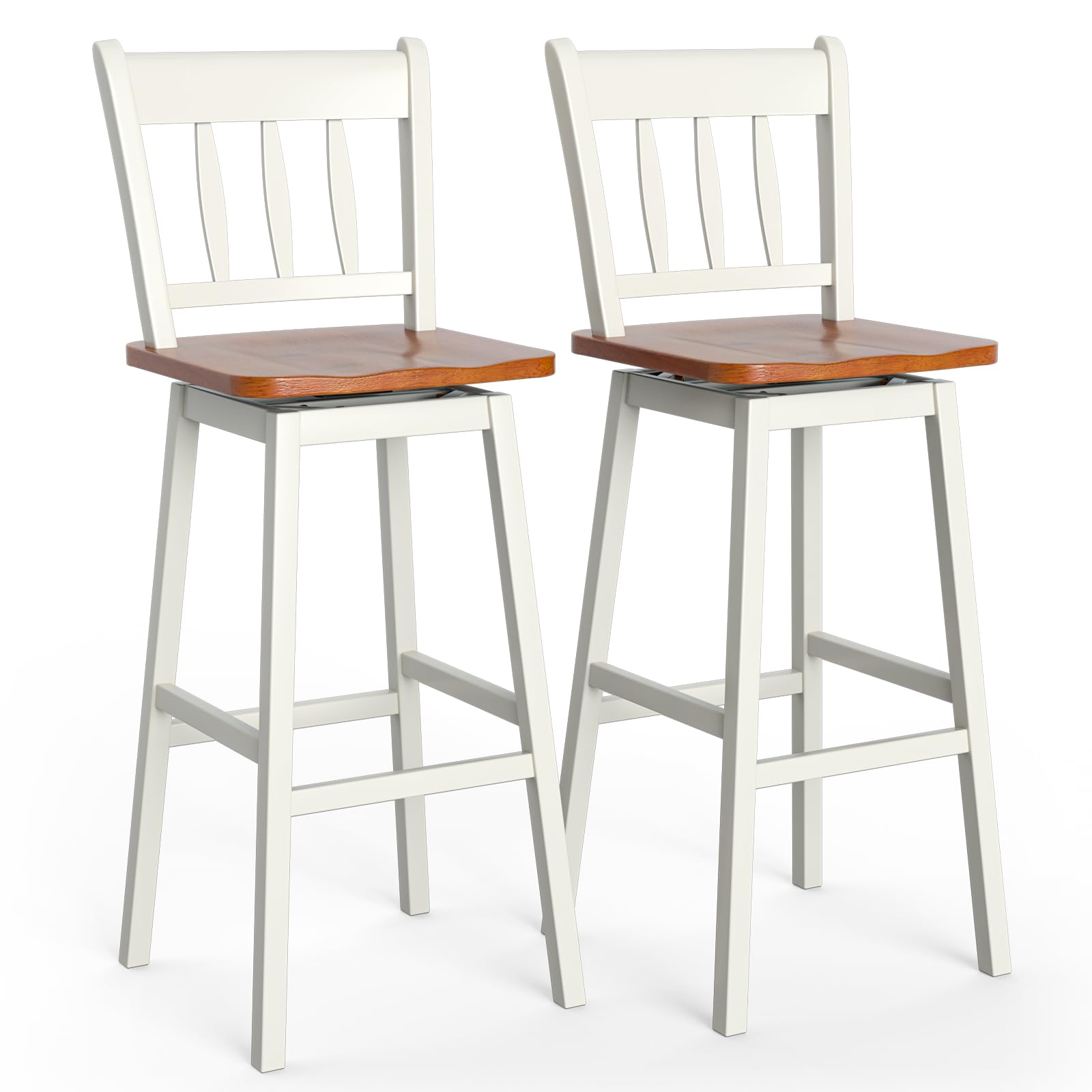 COSTWAY Bar Stools Set of 2, 360ยฐSwivel Rubber Wood Bar Chairs with Backrest & Footrest, Counter Height Barstools for Kitchen Island Pub Dining Living Room (43 x 46 x 111cm, White)