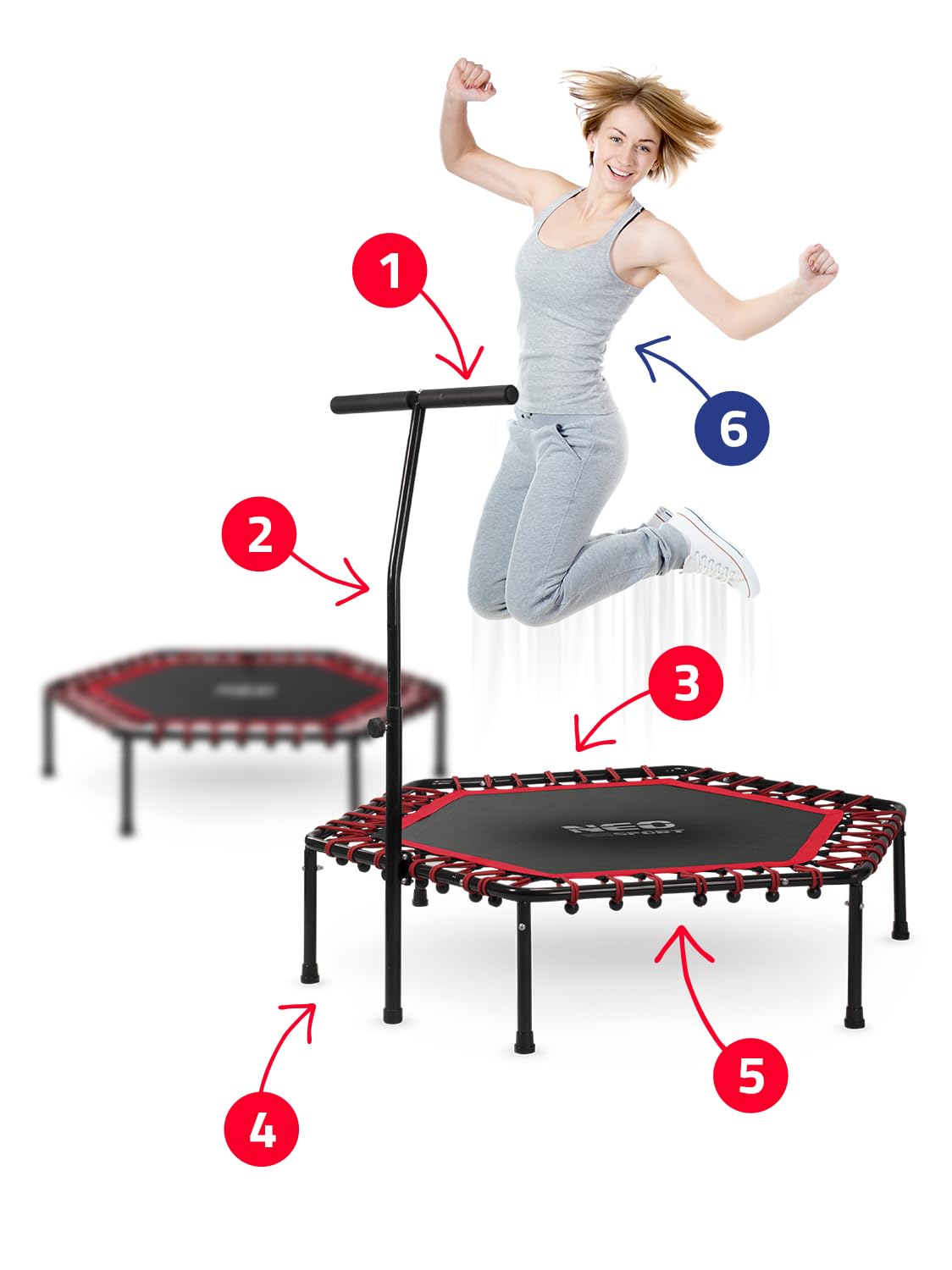 Neo-Sport Trampolino fitness piccolo con manico regolabile in altezza mini trampolino per salto per adulti diametro da 127 cm a 100 kg mini rampolino per interni ed esterni