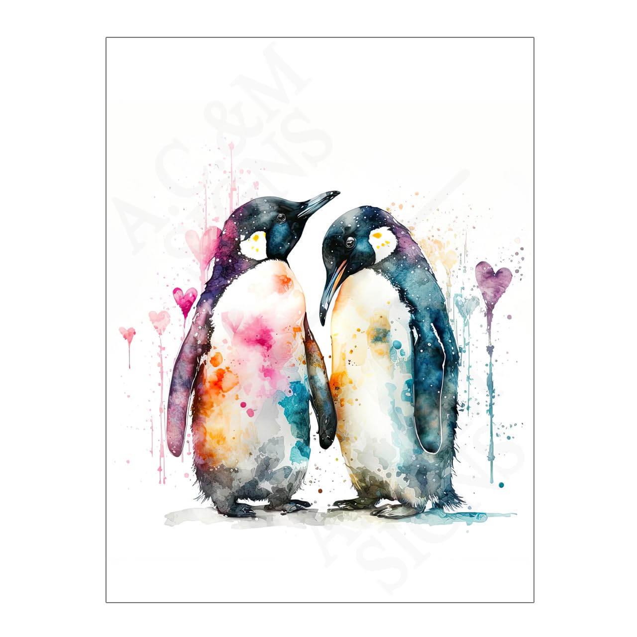 Penguin Love Splash Art Wall Art Metal Print 15457, 8 x 6in 15457