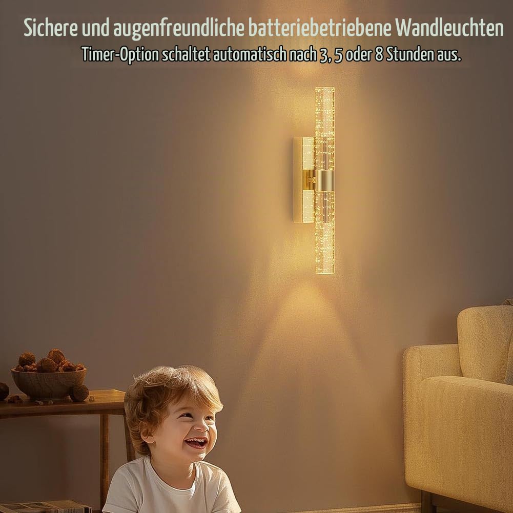2 Stück LED Akku Gold Wandleuchte Kabellose Kristall Wandlampe mit Schalter und Fernsteuerung Dimmbar Ohne Stromanschluss Wandbeleuchtung Gold Innen Nachttischlampe Up und Down Beleuchtung