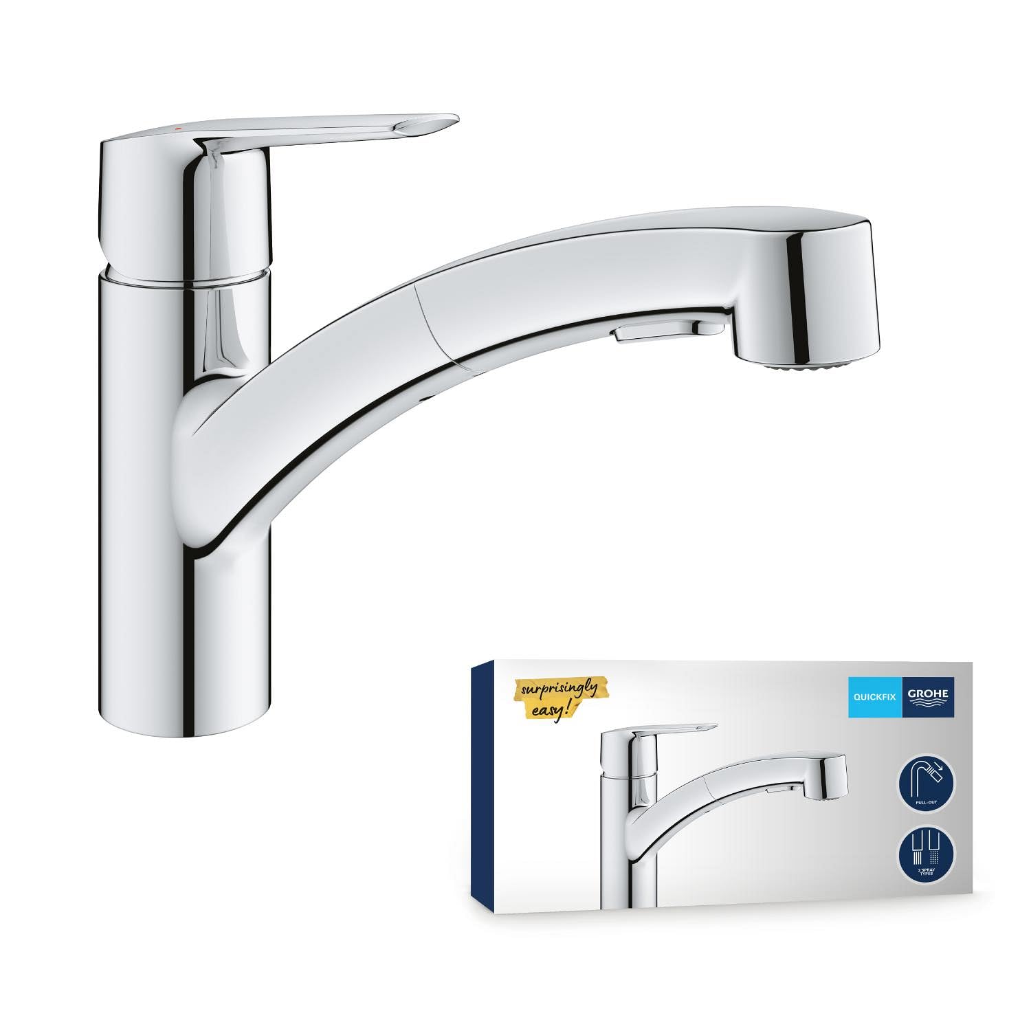 GROHE QUICKFIX Start Robinet de Cuisine évier, Douchette extractible, Inverseur 2 jets, Rotation 90°, Chromé