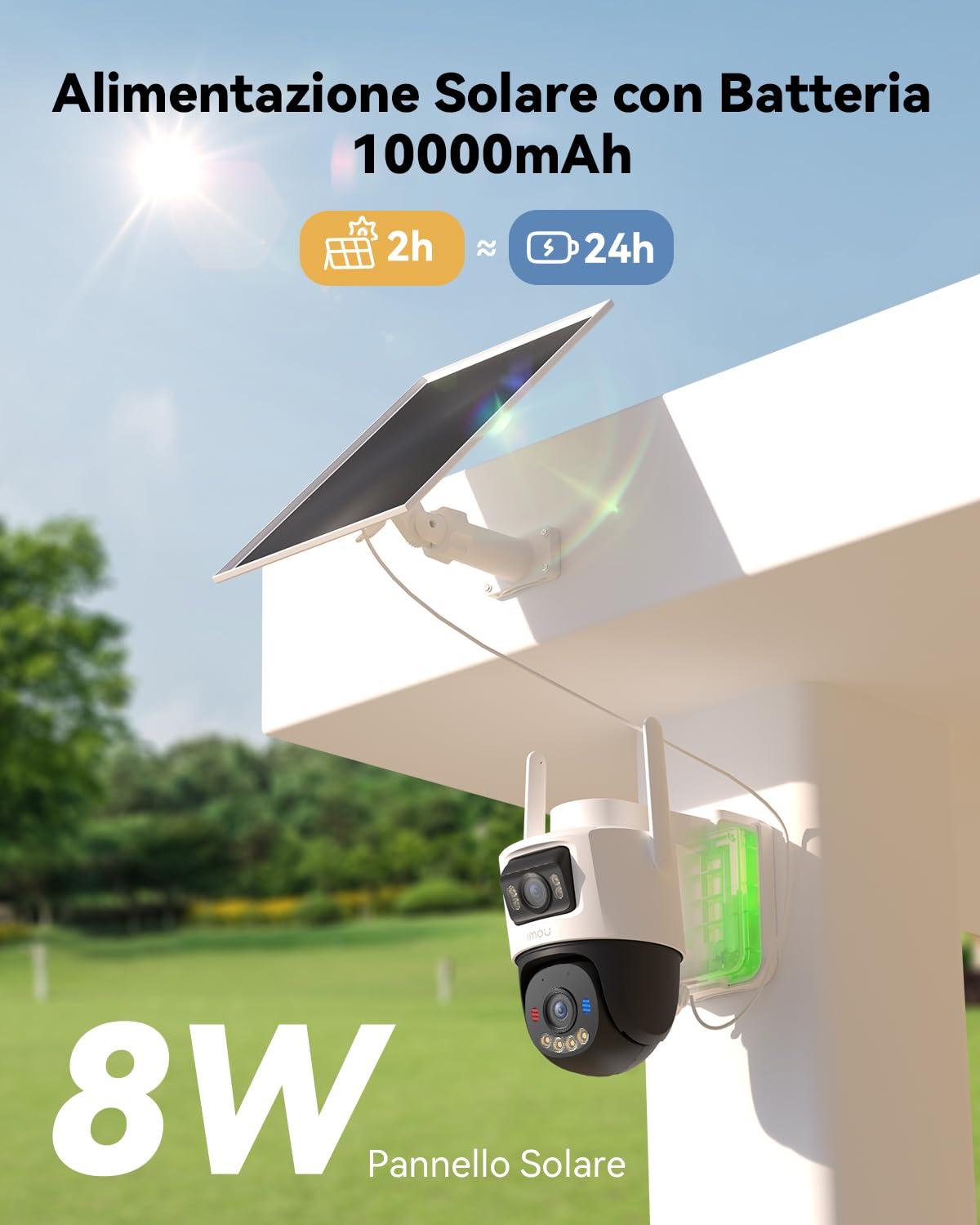 Imou 10MP(5MP+5MP) Telecamera Pannello Solare 8W con Doppia Lente, Telecamera Wi-Fi Esterno 4G con SIM Card, AOV Registrazione 24/7, Rilevamento Umano/Veicoli, 10000mAh Batteria, Micro SD 128GB, IP65